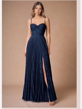 Azazie Navy Pleated Spaghetti-Strap Maxi Gown